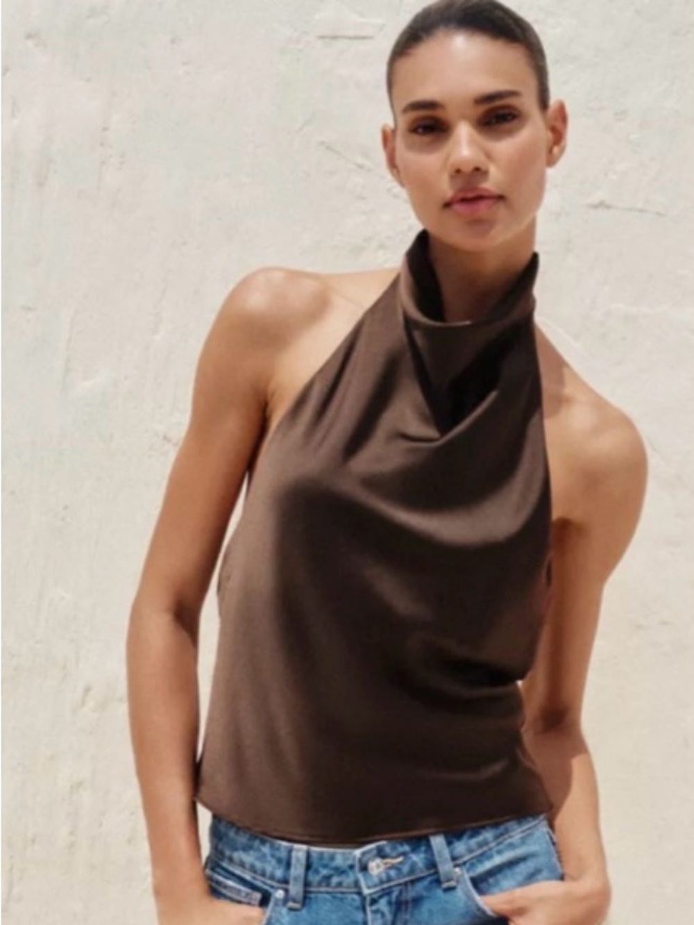 Zara Brown Halter Neck Satin Camisole